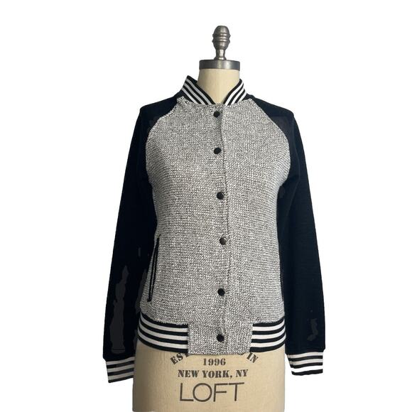 OLIVE + OAK Varsity Jacket Women Size S Fitted Snap Closure Black White Baseball - Picture 1 of 9